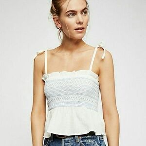 Free People White and Blue Smocked Peplum Tank Top